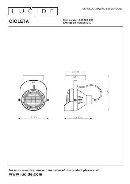 Lucide CICLETA - Plafondspot - 1xGU10 - Zwart - technisch